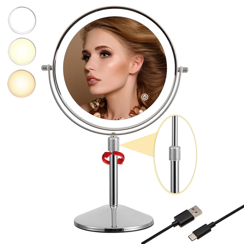 TUSHENGTU 8" Makeup Mirror with Lights and 10x Magnification LED Rechargeable, 360° Rotating Adjustment,Vanity Swivel Mirror 3 Colors (T840-C-10X)