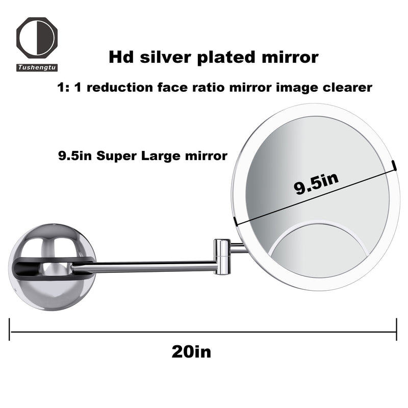 Tushengtu 9.5 "wall mounted vanity mirror, 1X/10X magnifying vanity mirror, rotatable adjustment, 60 super bright LED beads, intelligent brightness adjustment vanity mirror, 3 lighting colors