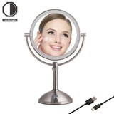 TUSHENGTU Makeup vanity mirror with lights, desk 10x Magnifying mirror, 3 Color LED, Nickel Finish and 360° Rotation and USB Recharge.(106N10X)