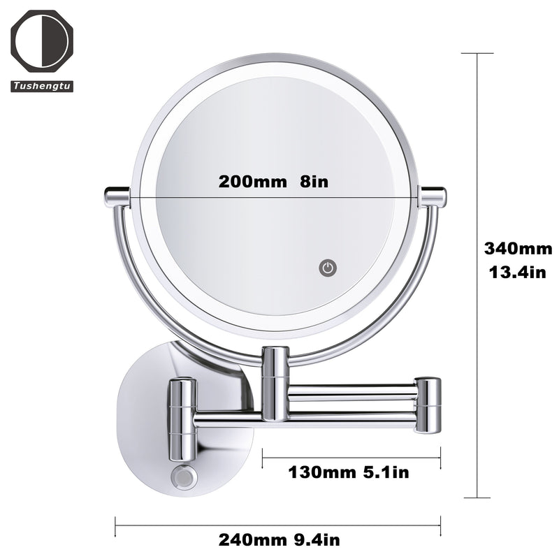 Tushengtu 8 "wall mounted vanity mirror, plug-in vanity mirror, 1X and 10X magnifying rotary adjusting mirror, 54 super bright LED beads, intelligent brightness adjusting vanity mirror, 3 kinds of lighting colors