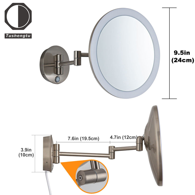 Tushengtu 9.5 "wall mounted vanity mirror, plug-in magnifier 7X magnifying rotary adjusting mirror, 60 super bright LED beads, intelligent brightness adjusting vanity mirror, 3 lighting colors