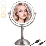 TUSHENGTU Makeup vanity mirror with lights, desk 10x Magnifying mirror, 3 Color LED, Nickel Finish and 360° Rotation and USB Recharge.(106N10X)